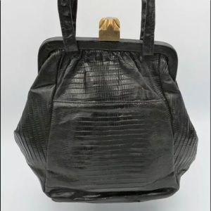 Vintage Gaber Bags Black Lizard Handbag with Gold Plated Hardware